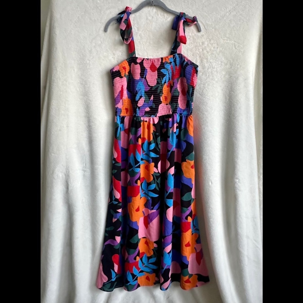 PrettyGarden Vibrant Abstract Floral Smocked‎ Tie Strap Midi Dress XL